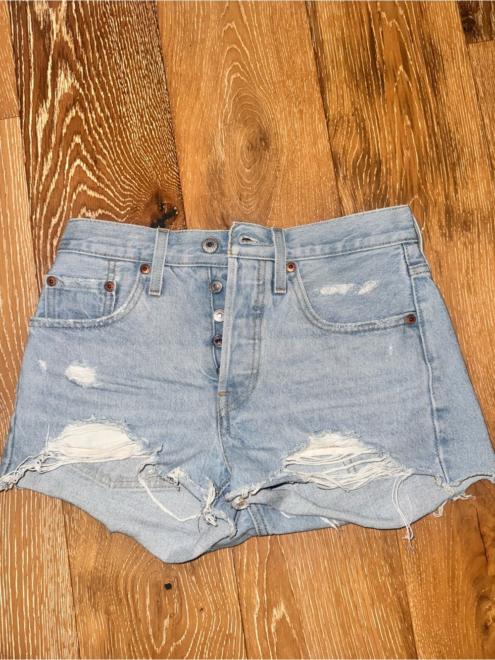 Levi 501 Light Blue Distressed Denim Shorts